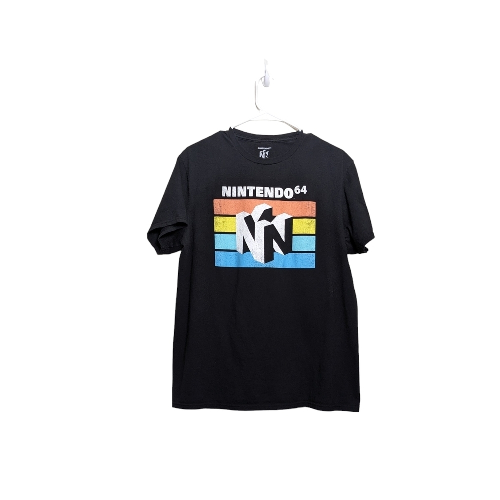 Nintendo 64 Black T-Shirt N64 Logo Over Stripes Men's Large Vintage Look EUC - Picture 2 of 5